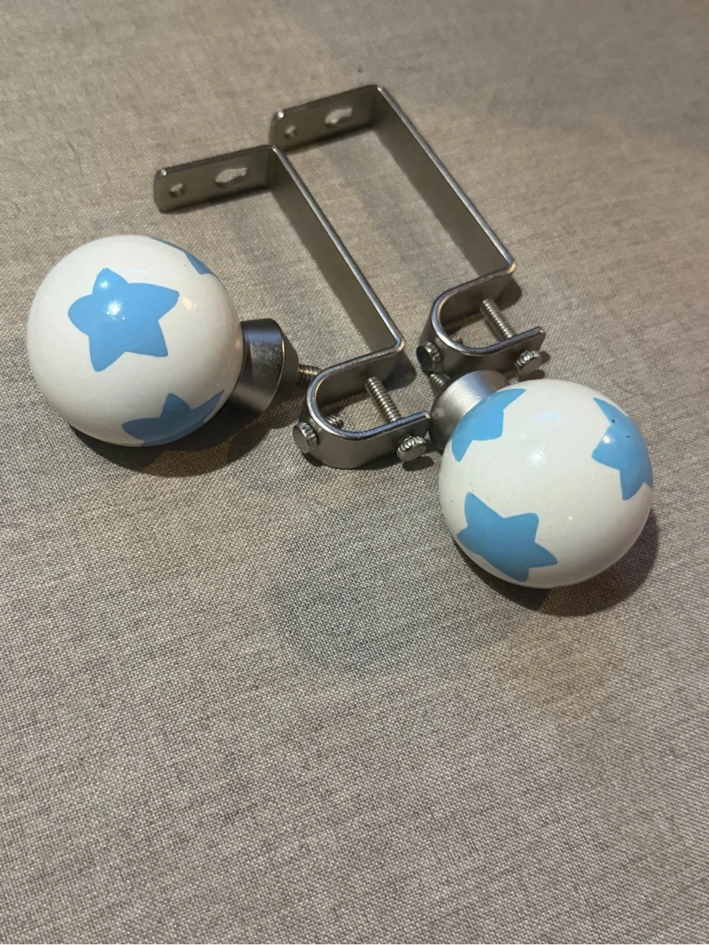 Vintage Pottery Barn Kids Blue Star Ceramic Curtain Finials w/ Brackets Nursery